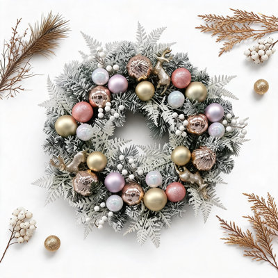 Couronne de Noël rose à piles pour porte d'entrée, couronne artificielle enneigée avec lumières, 8 modes et minuterie, boules et décorations de rennes pailletées, décoration de Noël pour la maison