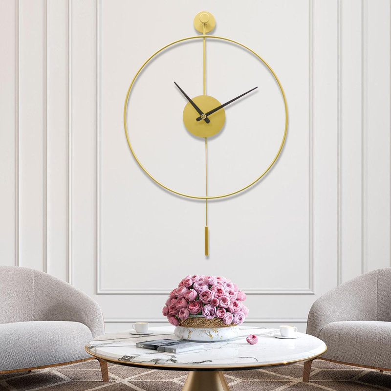 Classical Large Decorative Wall Clock With Pendulum, Modern Non-Ticking Silent Metal Wall Clocks, Gold