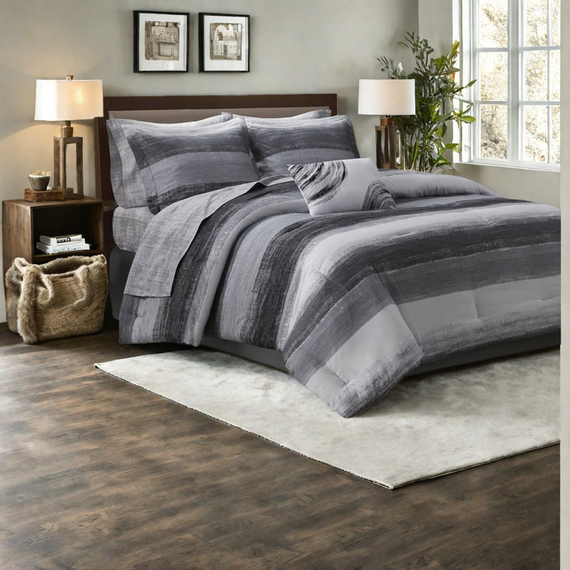 Premium King Bedding Set, Microfiber Comforter With Cotton Sheets, Modern Black Design