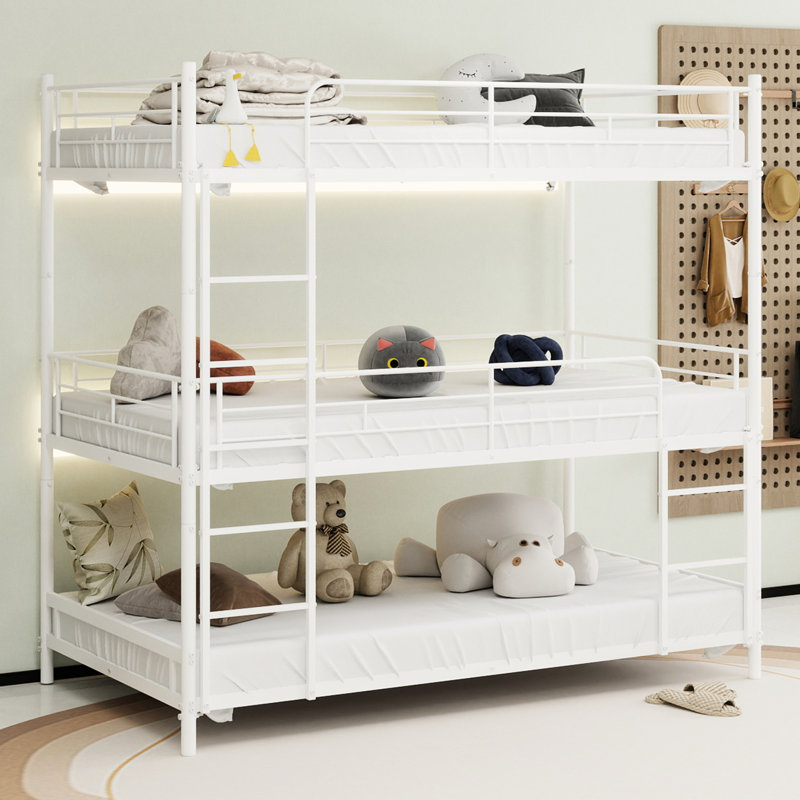 Structure de lit simple triple robuste avec rampe intégrée et pleine longueur, pour dortoir de chambre à coucher, blanc, sans ressorts, fer à repasser, caractéristiques d'assemblage simple,