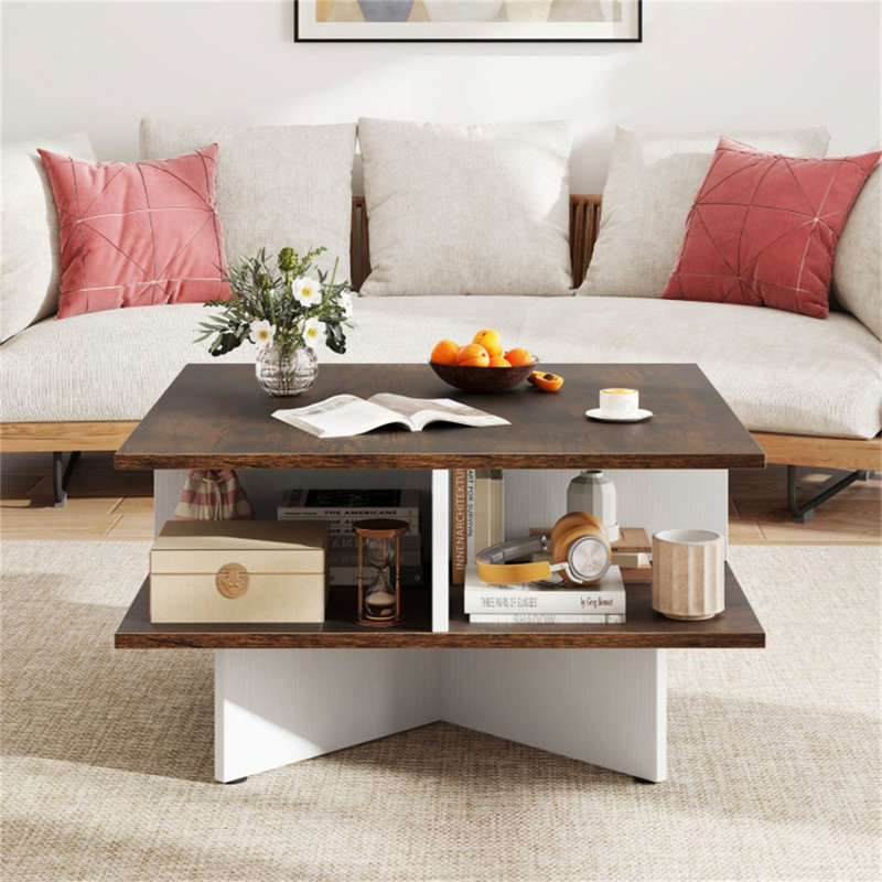 Table basse de salon à 2 niveaux avec 4 compartiments de rangement