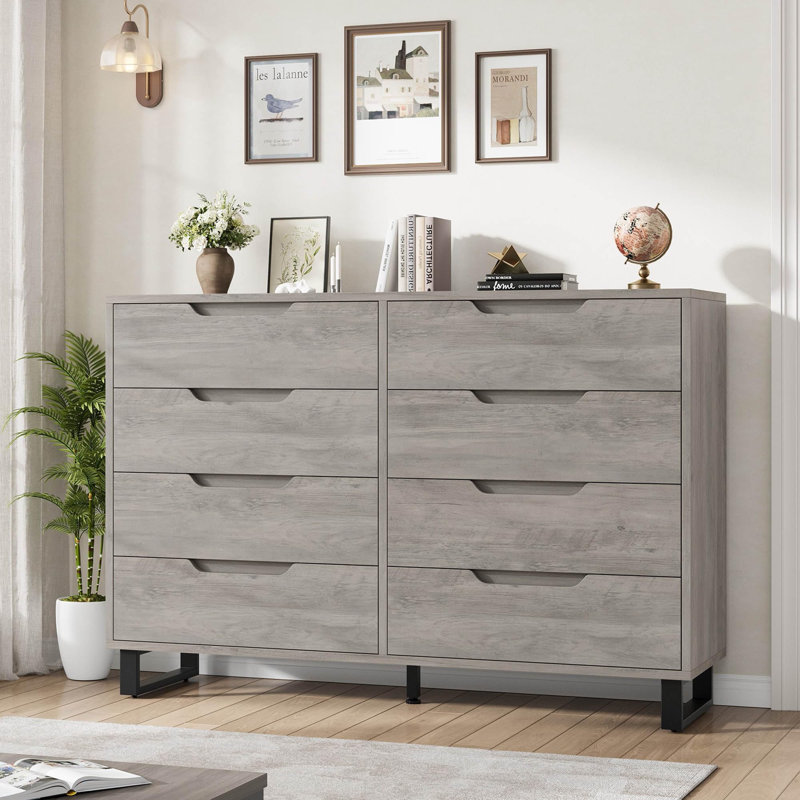 55" Wide 8 Drawer Dresser, Freestanding Horizontal Wood Storage Chest for Bedroom, Living Room, Hallway, Entryway, Gray