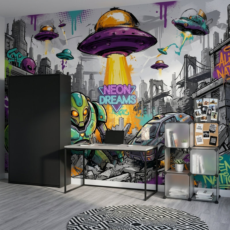 Murale Alien Invasion UFO Graffiti Street Art, 120 po x 96 po, Peler et coller