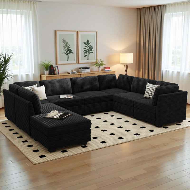 8-piece Plush Corduroy Modular Sectional Sofa With Ottoman, Comfy Deep Seat Cloud Couch, Upholstered Living Room Set