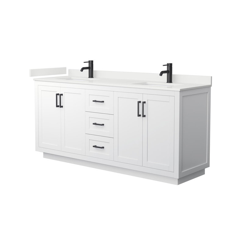 Meuble-lavabo double autoportant 72 po avec plateau en quartz Miranda, Quartz blanc, Blanc, Noir mat