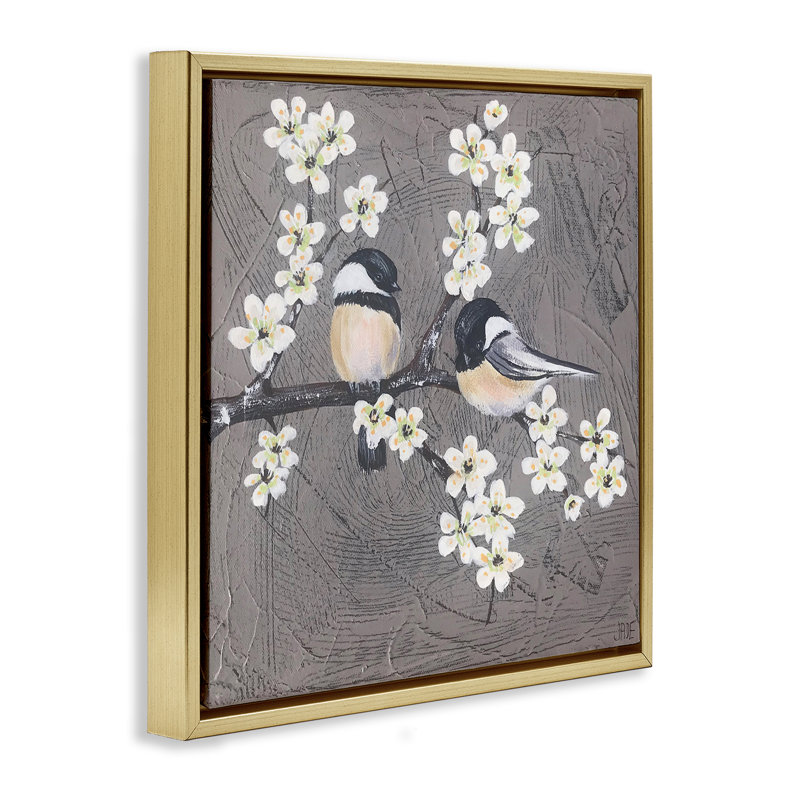 Art mural sur toile, "Bird pair on branch" par Jade Reynolds, H 18 po x l 18 po, Cadre flottant métallique doré