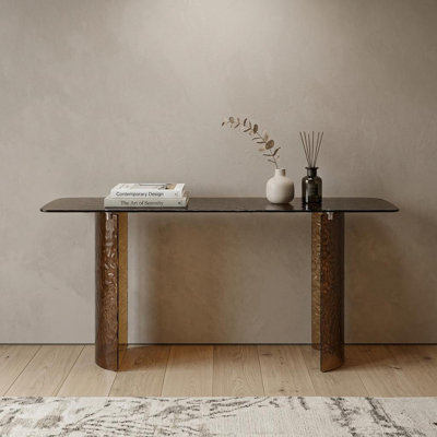 Console 63 po à double piédestal en verre bronze 63 po