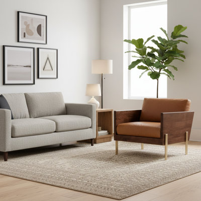 31" Brown Top Grain Leather And Solid Wood Arm Chair