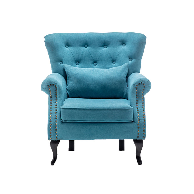 Tufted Wingback Chair, Blue Linen Blend