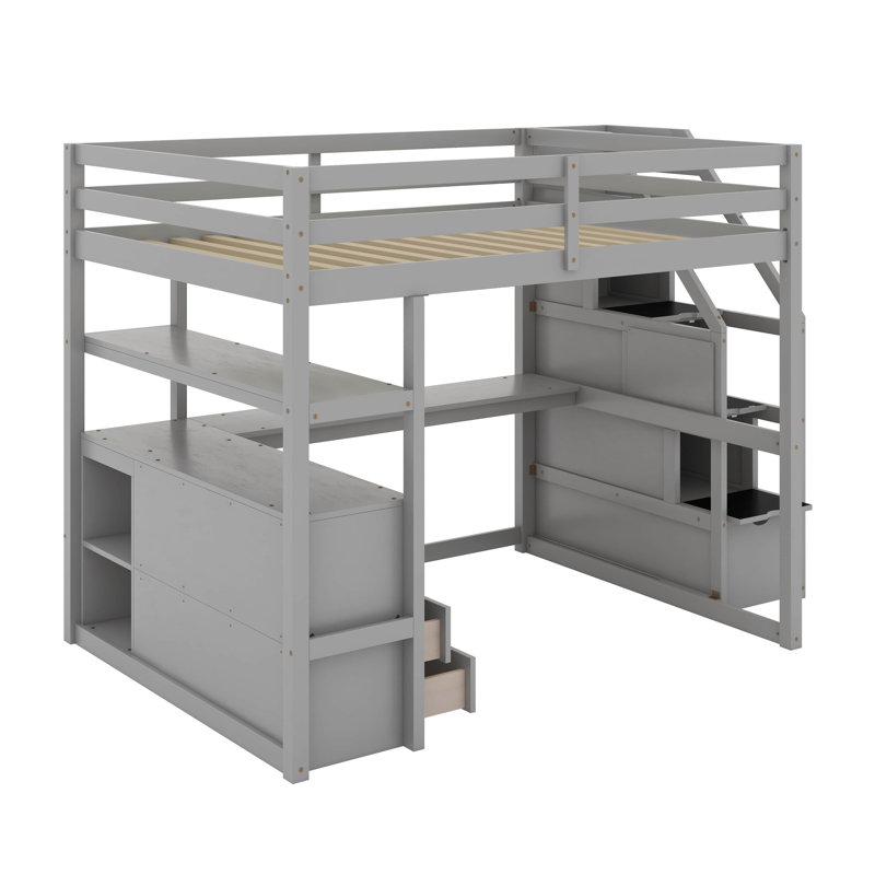 Lit mezzanine double avec bureau et tablettes, Gris