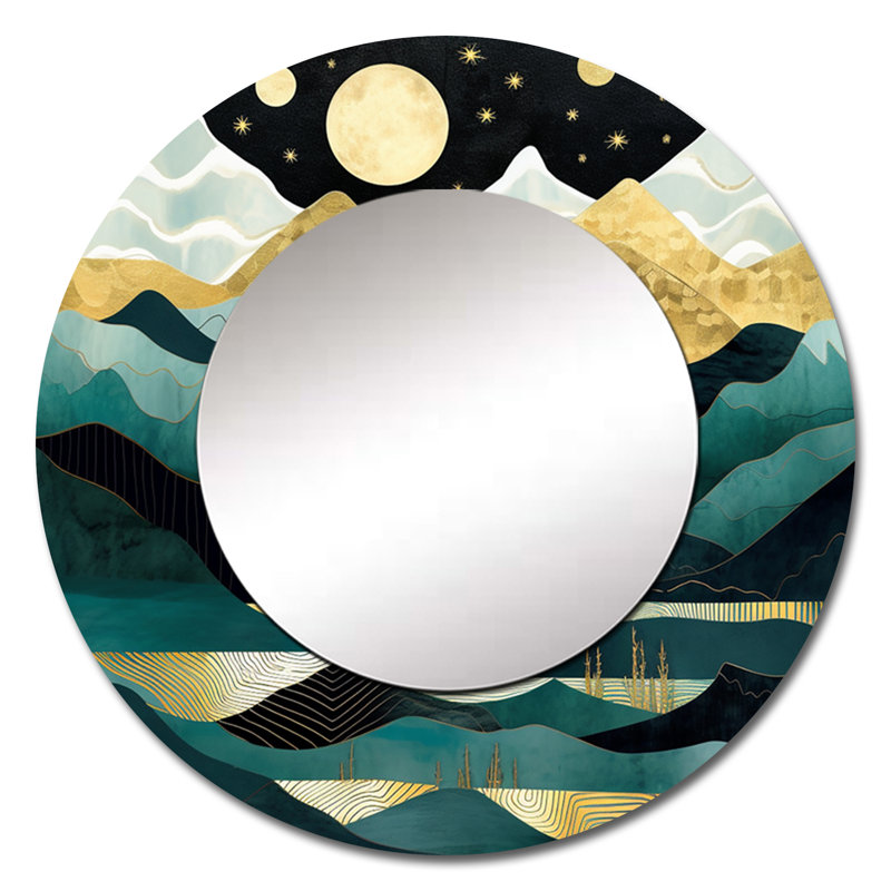 Mountain Nature's Roar II - miroir de paysages, miroir mural rond bleu sarcelle, impression d'art en métal, 29 po x 29 po