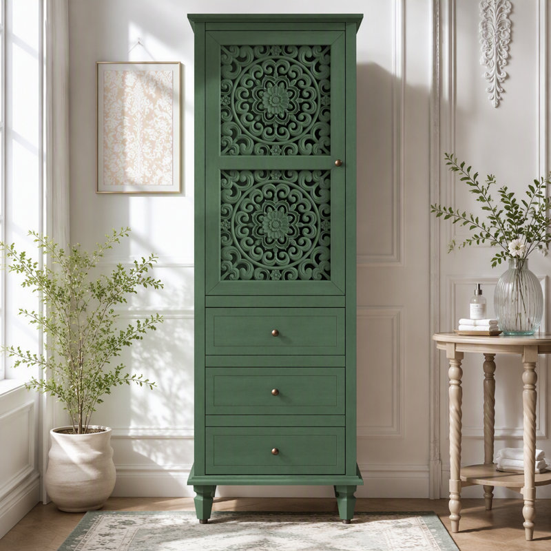 Armoire de rangement de style campagnard de 63 pouces avec porte sculptée, Vert antique