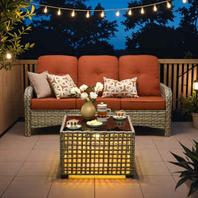 3-Person Outdoor Seating Group With Cushions And Led Coffee Table , All-Weather Wicker Patio Set by Winston Porter