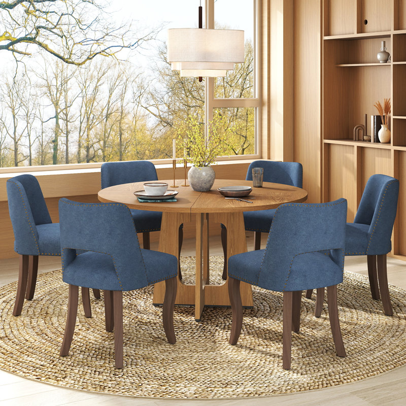 Ensemble de table ronde 47 po avec chaises 4/6 rembourrées, finition chêne / noyer / marbre pour la cuisine de la salle à manger