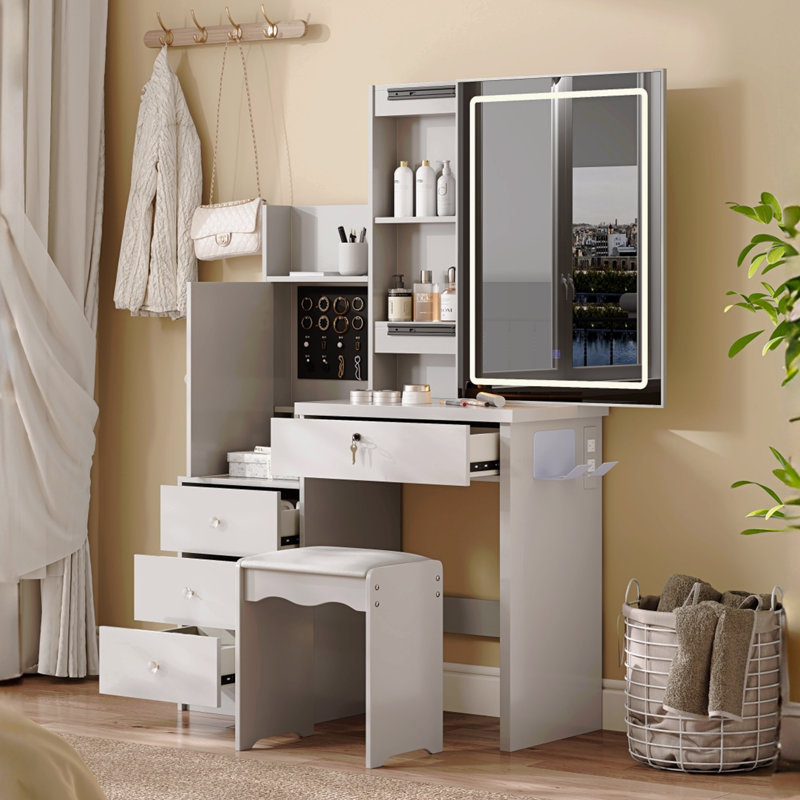 Ensemble de coiffeuse avec miroir éclairé coulissant, coiffeuse à maquillage avec 4 tiroirs et 9 espaces de rangement, compartiments cachés et tabouret rembourré, mobilier de beauté blanc pour la chambre à coucher