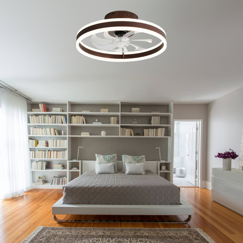 19.7" Low Profile Modern Ceiling Fan with Lights and Remote, Flush Mount Smart Ceiling Fans Brown Fandelier for Bedroom