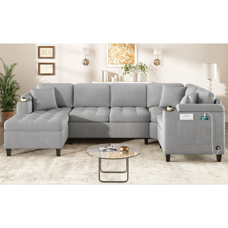 Canapé modulaire surdimensionné en forme de U avec rangement, porte-gobelets et ports USB - Canapé de salon moderne en chenille, gris