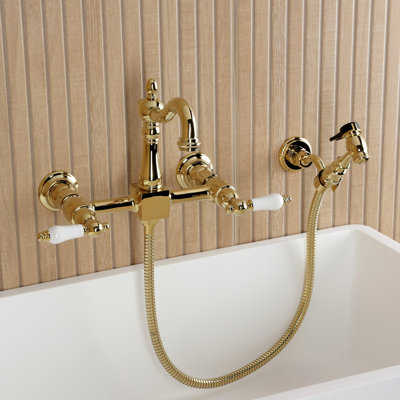 Kingston Brass Heritage Double-Handle 3-Hole Wall-Mount Bridge Kitchen Faucet With Brass Sprayer