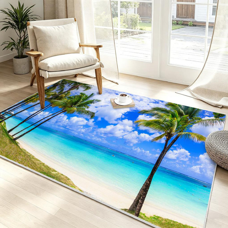 Blue Tropical Beach Scenery Palms Turquoise Sea Island Beautiful Machine Washable Indoor Area Rug, Rectangle 39" x 63"