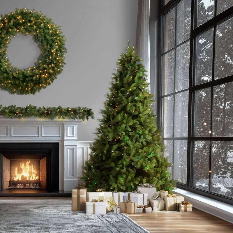 Downswept Douglas 10" Green Fir Artificial Christmas Tree with 1000 LED Multi Lights and Stand, 9' H x 71" W, Pre-Lit