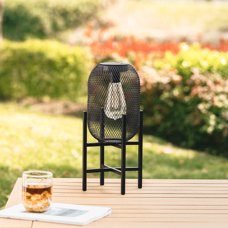 14.25"H Metal Mesh Solar Powered Outdoor Lantern With Stand, Black