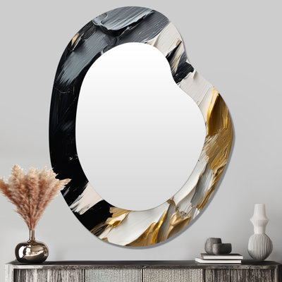 Golden Wave Reflections V - Abstract Asymmetrical Decorative Mirror, Black Irregular Shape Wall Mirror, Printed Metal Art