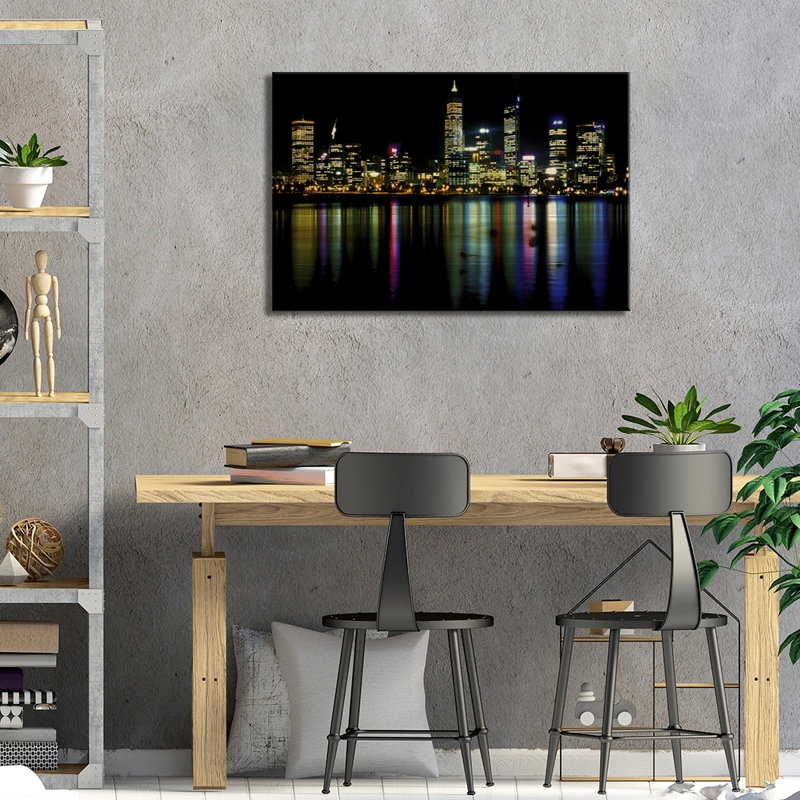 " Downtown City Lights " by Unknown Artist, 18" H x 26" W x 1.5" D, Black Framed Canvas