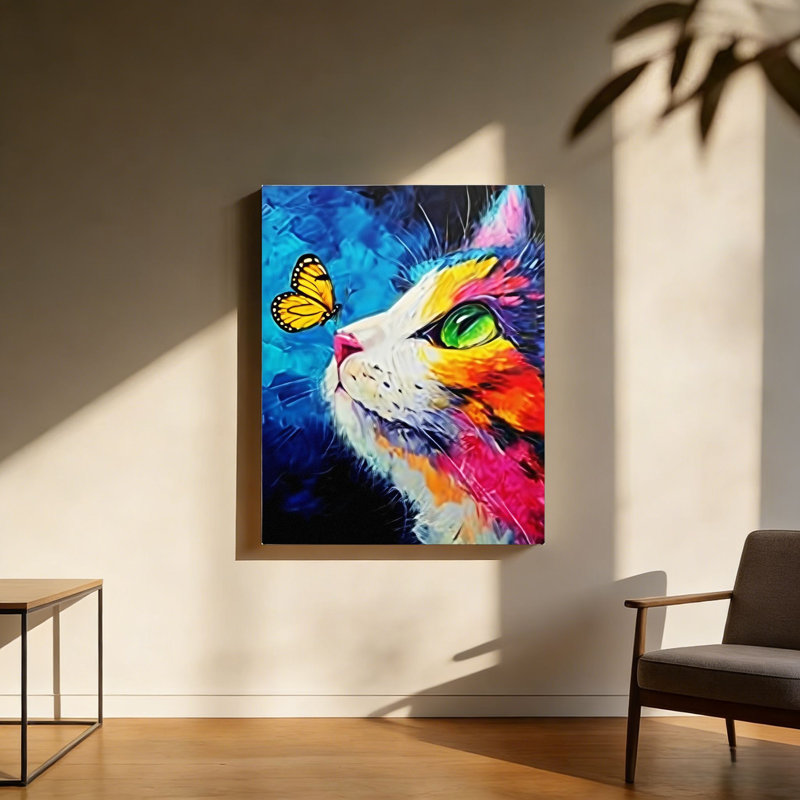 Papillon et chat, cadre en bois à l'arrière intégré, 20 x 30