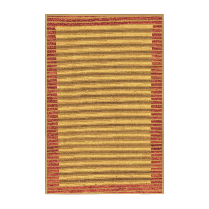 Tapis rayé en laine / polyester tissé à la machine Edgemon - brun / jaune, Rectangle 6 pi x 9 pi