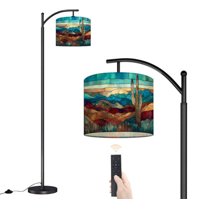 Arc Floor Lamp with Adjustable Lampshade Western Landscape Cactus Turquoise Amber Standing Lamp 3 Color Temperatures Dimmable Tall Pole Lamp with Foot Switch for Bedroom