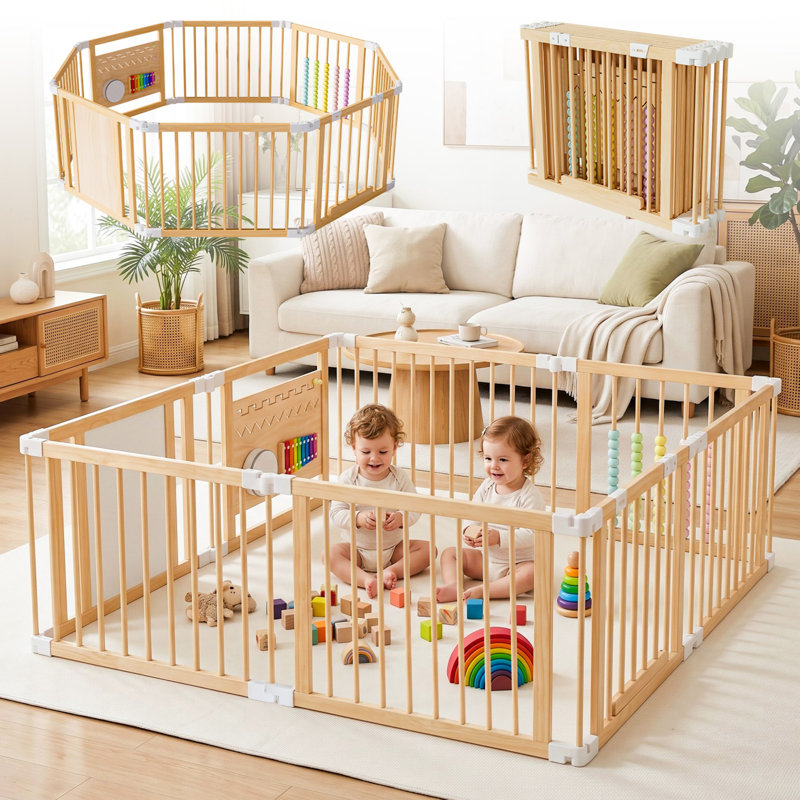 Parc pour bébé et tout-petit, centre d'activités pour bébé en bois réglable et pliable, 24" H x 63" W x 63" D