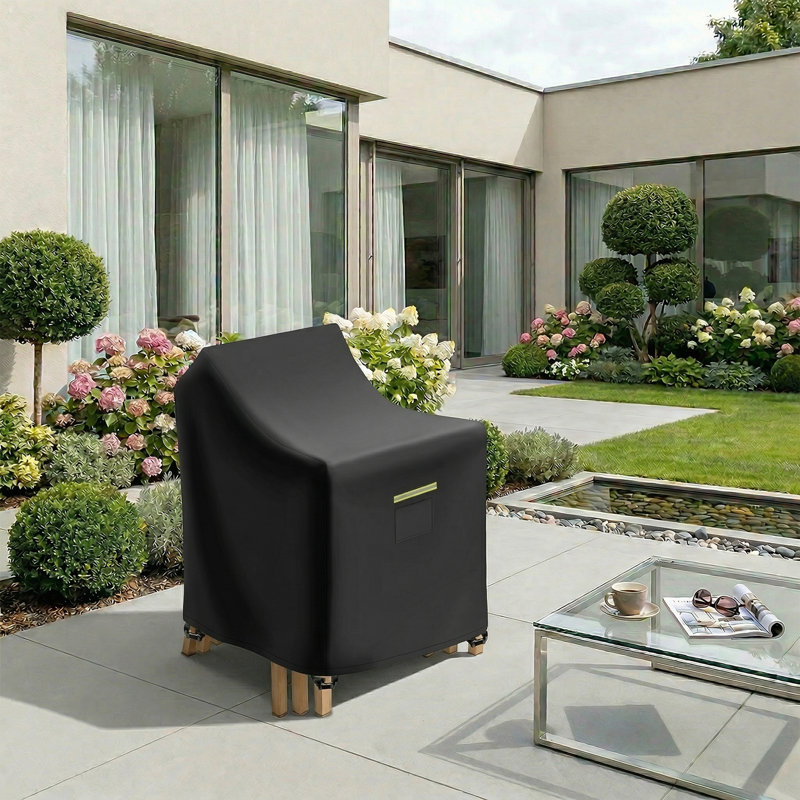 600D Heavy Duty All-Weather High Back Patio Chair Cover, Waterproof Outdoor Cover for 4-6 Stackable Chairs, Black+Deep Small