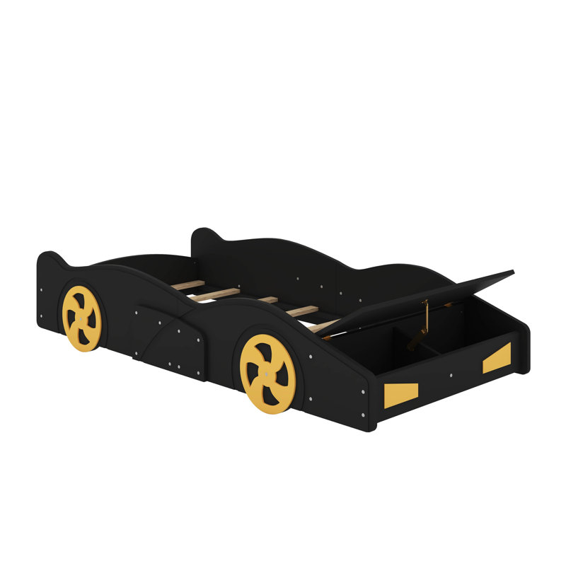 Lit plateforme simple en forme de voiture avec roues et rangement, Lit simple, Noir