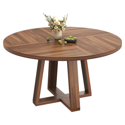 47" Round Dining Table for 4-6, Farmhouse Wood Circle Table with Cross Base (Table Only)