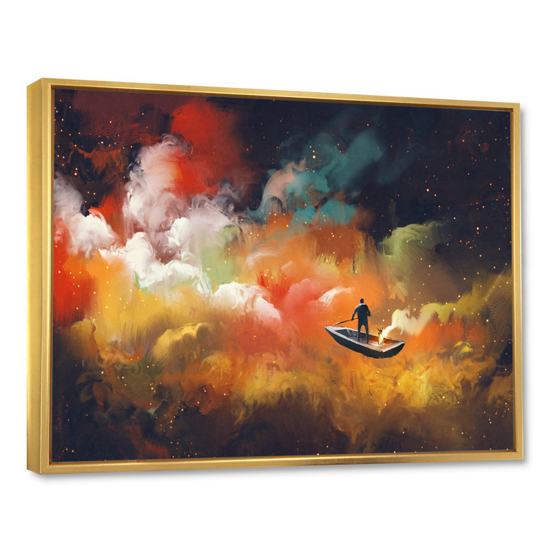 «Video Game Fantasy Flying Boat», reproduction d'art moderne sur toile, H 34 po x l 44 po x P 1,5 po, Cadre flottant doré