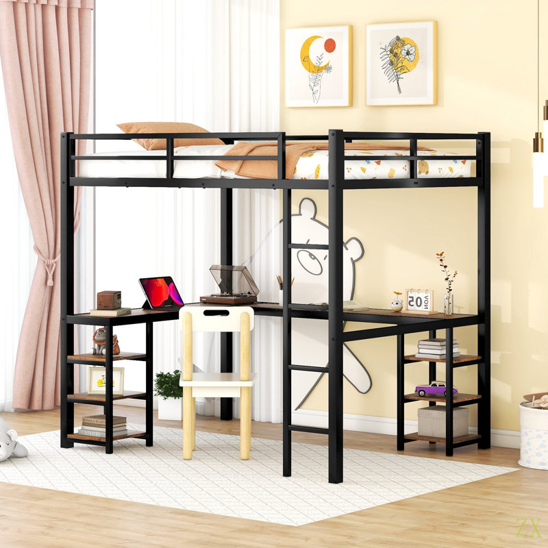 Lit mezzanine double en métal avec bureau et tablettes, lit mezzanine avec échelle et garde-corps, cadre de lit mezzanine pour chambre à coucher