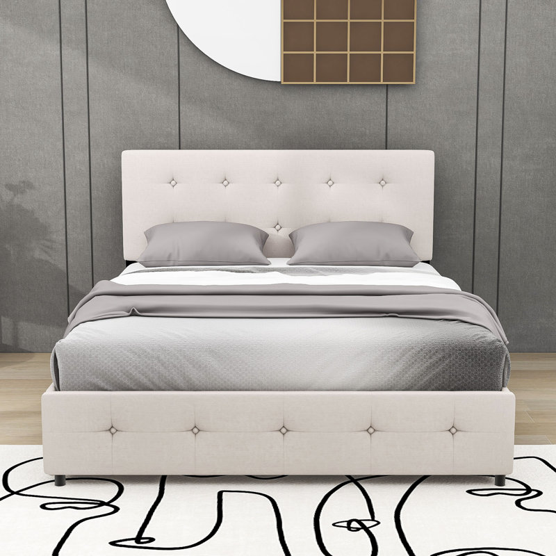 Lit plateforme tapissier avec tête de lit et 4 tiroirs, Beige