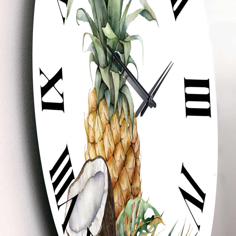 Ananas avec noix de coco, plumeria et feuilles de palmier - Horloge murale traditionnelle, Petit