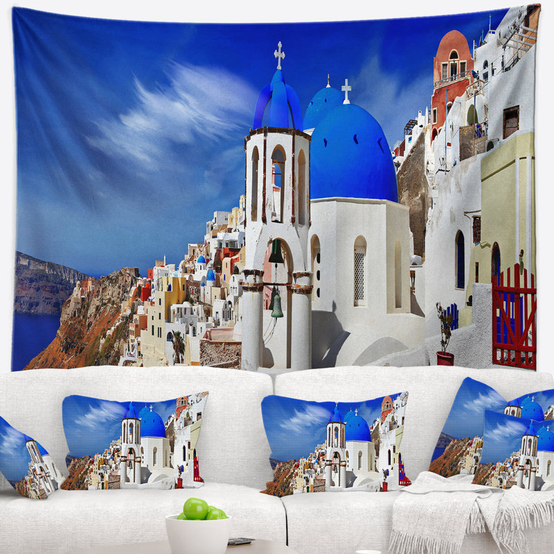 Tapisserie panorama en polyester oia village avec accessoires suspendus inclus, H 32 po x l 39 po