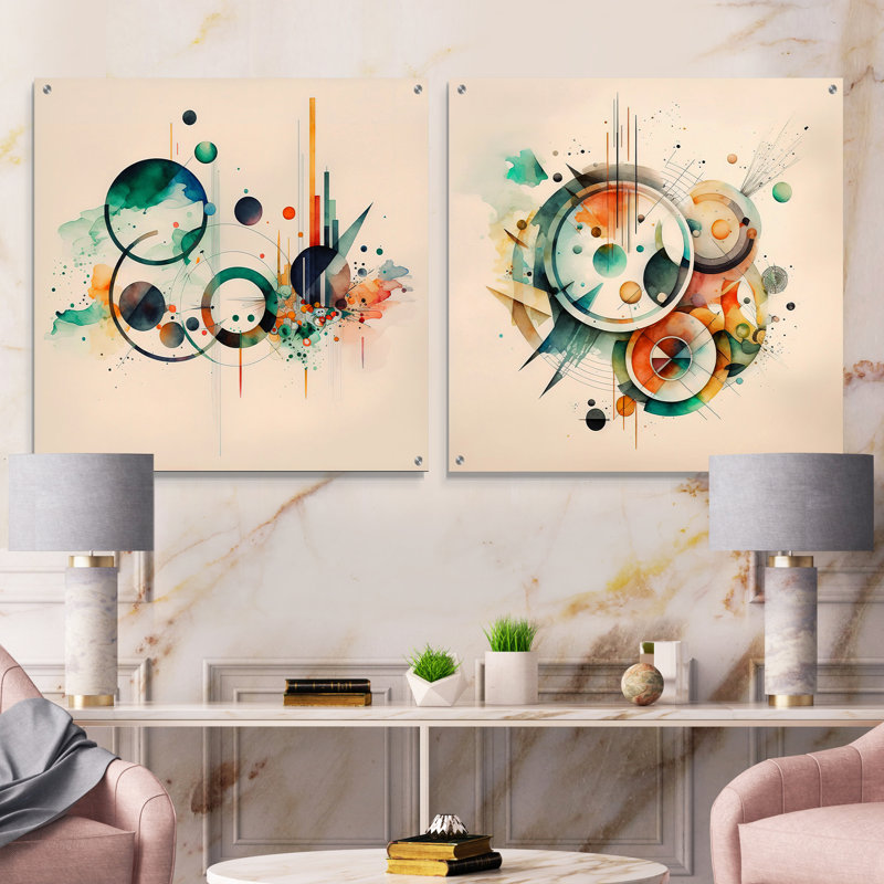 Aquarelle multicolore géométrique II, H 16 po x l 33 po