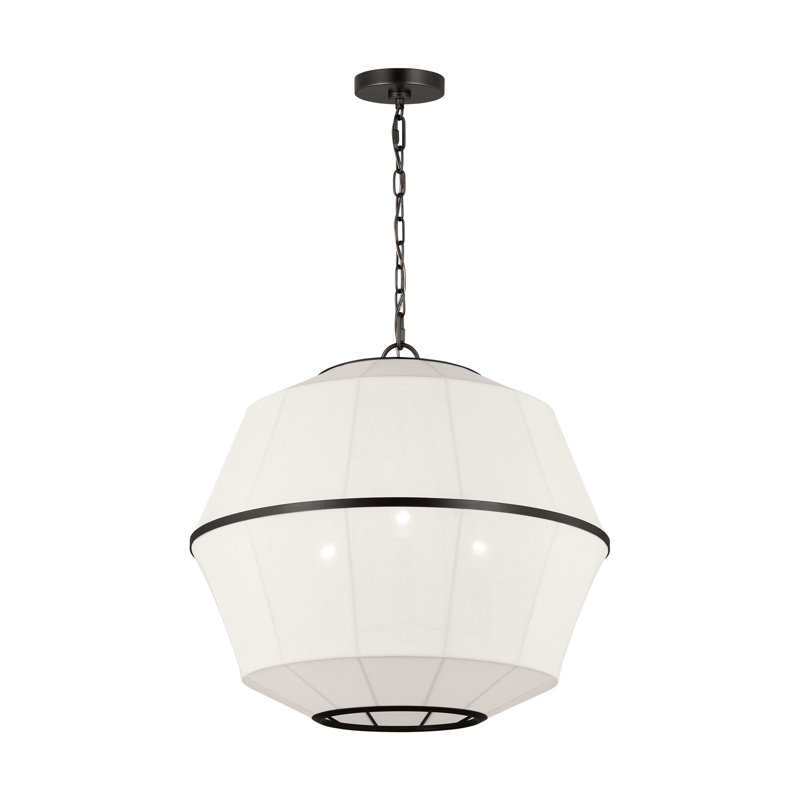 Ellen Degeneres Hikari 5 Light Dining Room Pendant With White Linen Shade, Aged Iron, 86.25" H x 22.125" W x 22.125" D