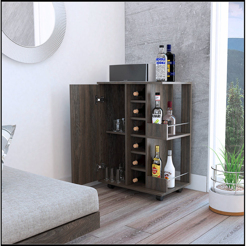 Bartlet 2-Shelf 6-Bottle Bar Cart with Enclosed Cabinet, Lockable Casters, and Elegant Carbon Espresso Finish, Dark Brown