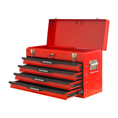 20-inch Steel Portable Tool Box with Drawers - Heavy Duty Tool Storage Organizer with Metal Lock Closure and Ball Bearing Slides (Red)