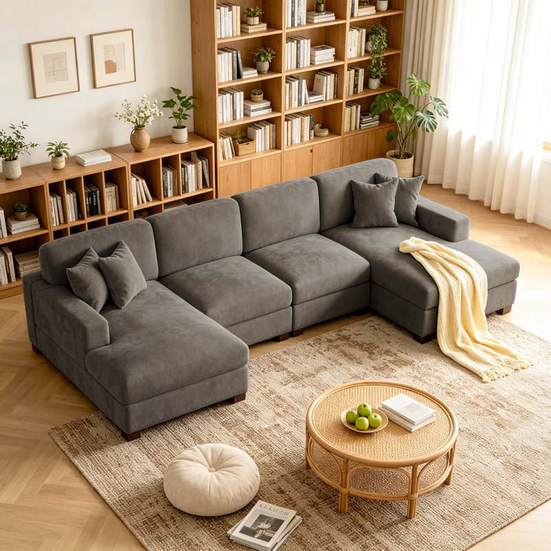 4 - Piece Upholstered Camel Chenille Modular Sectional Sofa with Armrests & Throw Pillows, Camel Chenille