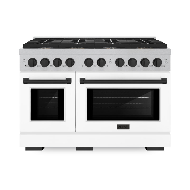 ZLINE Autograph Edition 48 in. 6.7 cu. ft. Paramount Double Oven Dual Fuel Range with 8 Burner Gas Cooktop in Satin Stainless Steel with Doors and Accents
