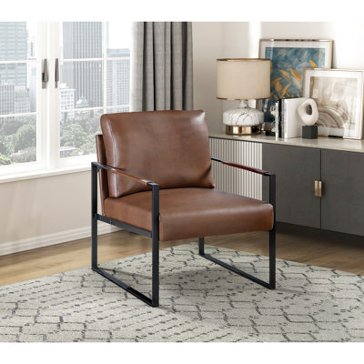 Chaise contemporaine en similicuir brun, fauteuil en cuir avec support en métal