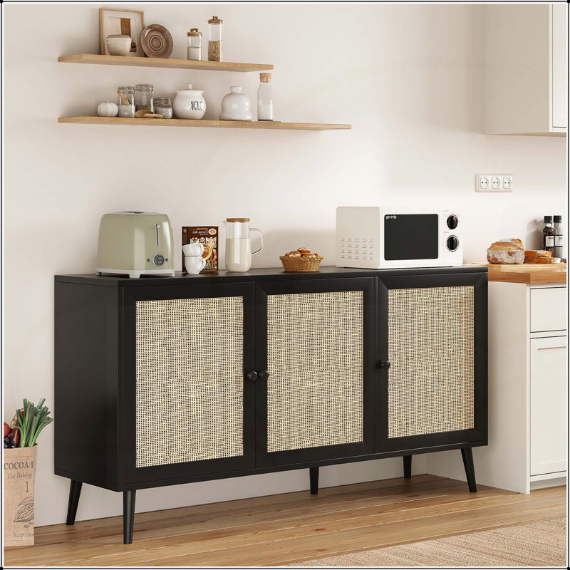 Elegant Rattan Sideboard Buffet Cabinet with 3 Doors, Large Storage for Modern Kitchens and Entryways, Black