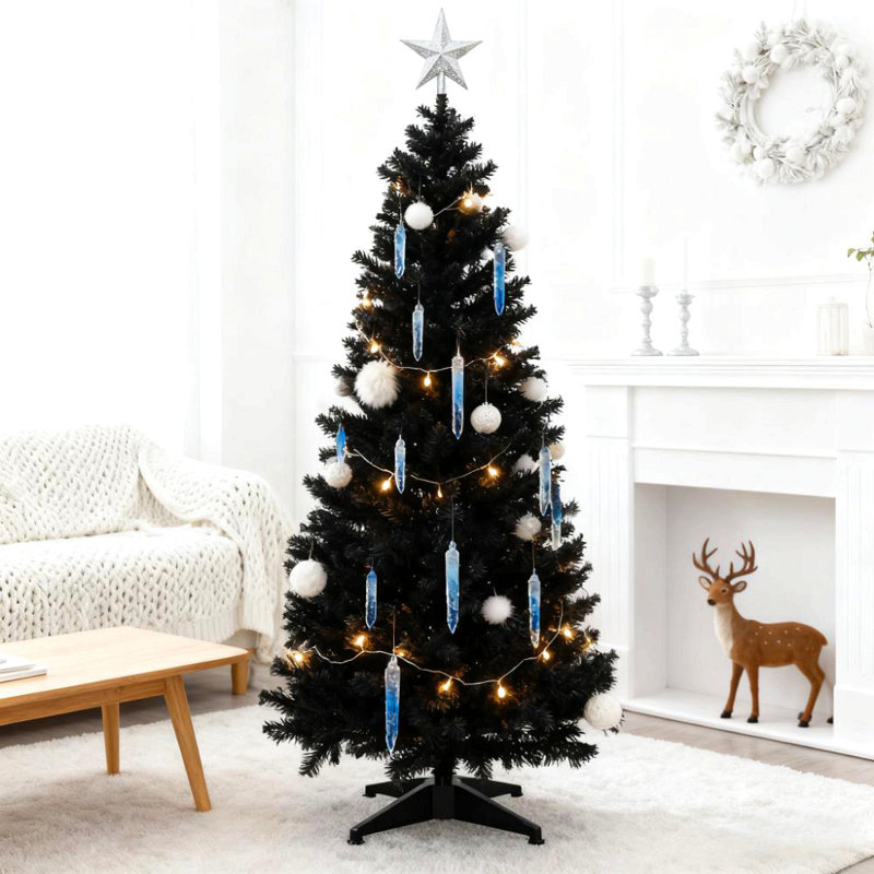 Arbre de Noël mince avec support en plastique, arbre de Noël 5 pi avec installation facile, Noir, H 4,9 pi