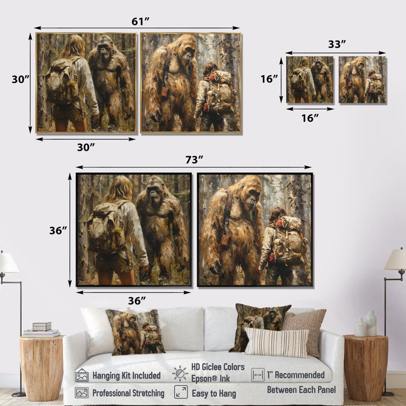 «Bigfoot Encounter I» par Brown Green et Mysterious Bigfoot Wall Art - art mural moderne sur toile 2 pièces, Noir