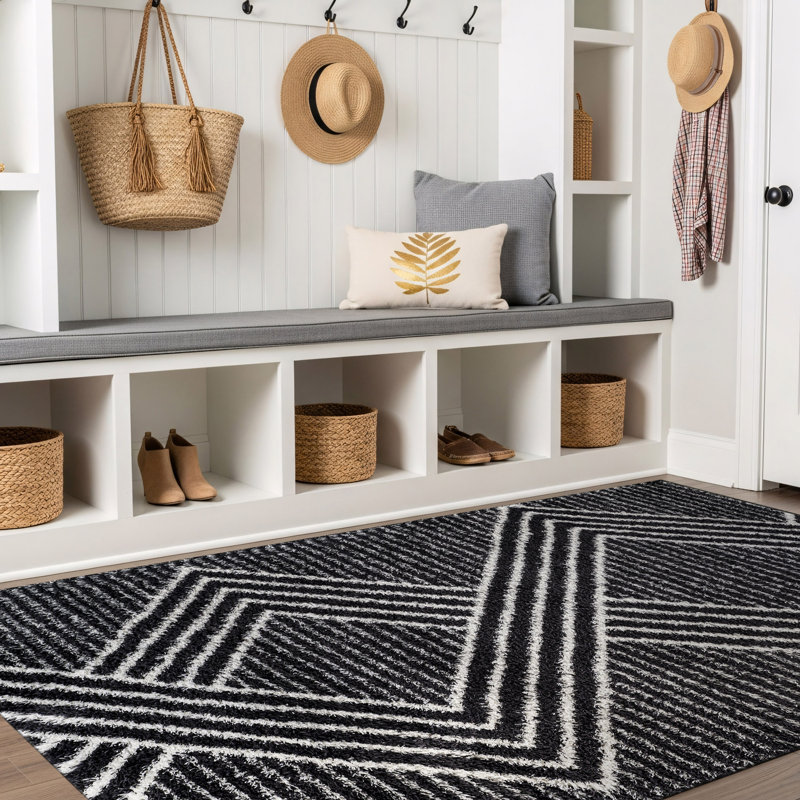 Abstract Geometric Pattern Shag Rug – Anthracite Dark Gray – Medium Pile, Durable & Stylish, Rectangle 4' x 6'